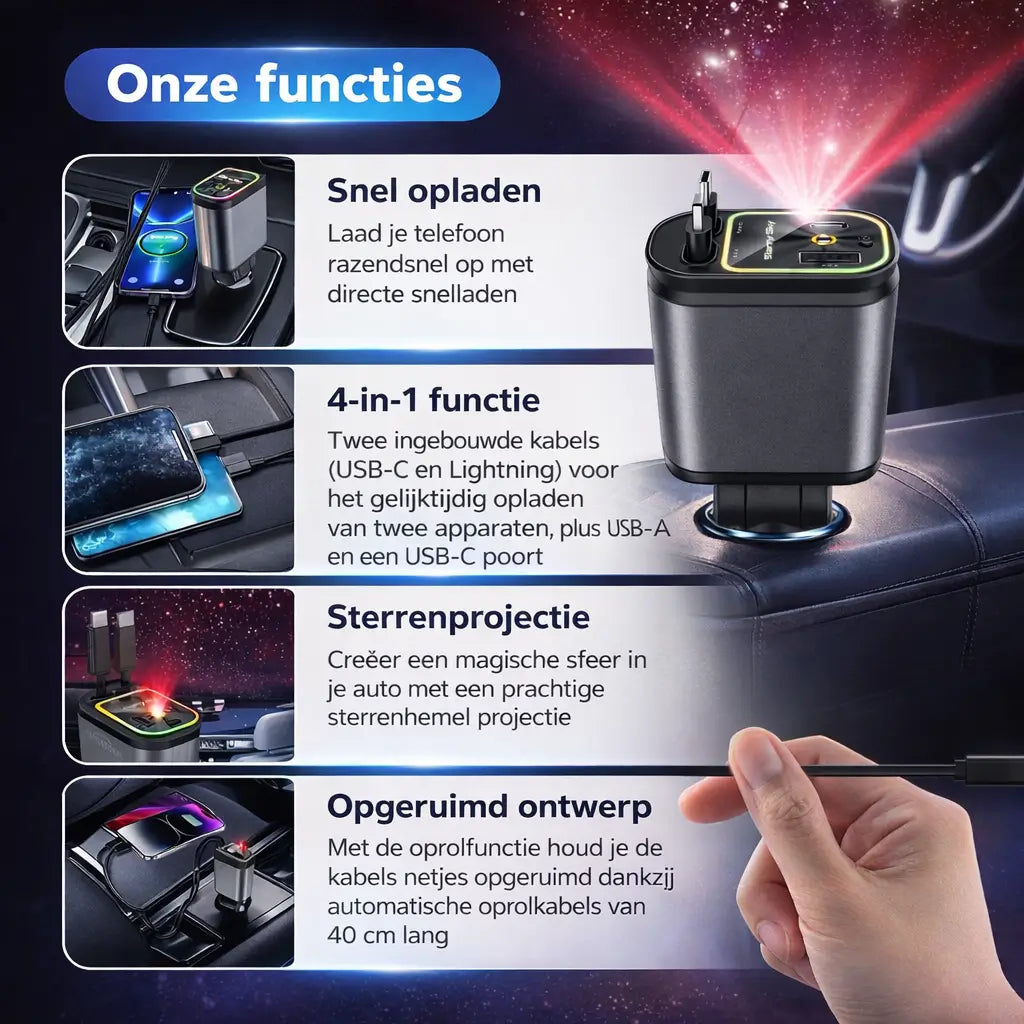 VoltDrive™ Starlight Edition – 4-i-1 billaddare med blixtsnabb 120W laddning