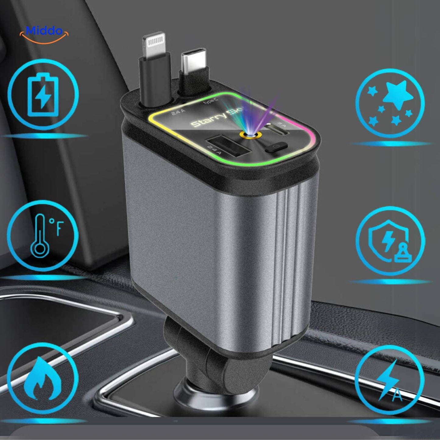 VoltDrive™ Starlight Edition – 4-i-1 billaddare med blixtsnabb 120W laddning